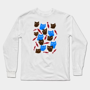 Blue and brown cats with red fish Long Sleeve T-Shirt